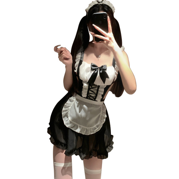 Sexy sweet maid costume set for women – features a charming black and white outfit with ruffles, bow, and stockings, perfect ...