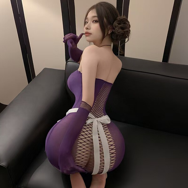 Sexy tear-away maid costume set - sheer mesh lingerie outfit with peekaboo butt & chest for role play & date night