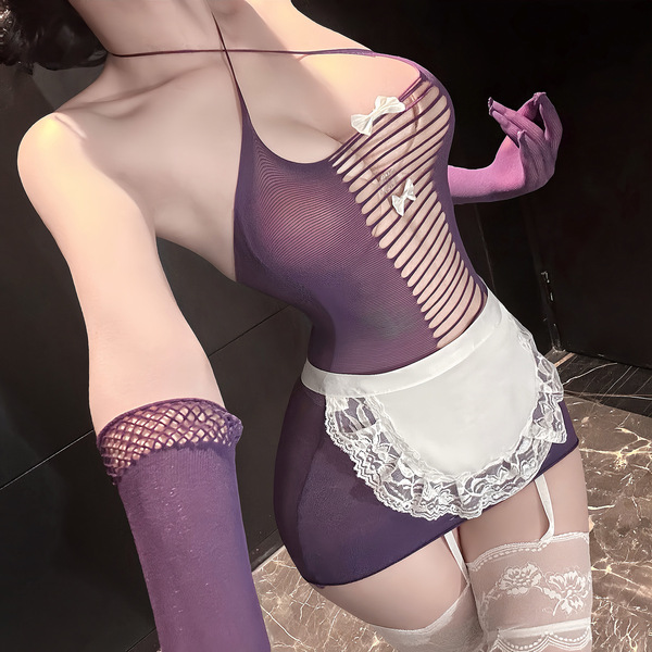 Sexy tear-away maid costume set - sheer mesh lingerie outfit with rear cut-out & peekaboo chest design