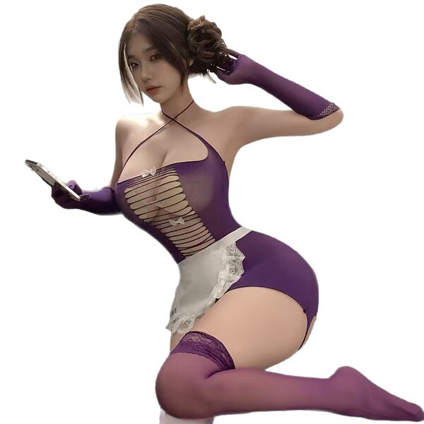 Sexy tear-away maid costume set - sheer mesh lingerie outfit with peekaboo butt & chest for role play & date night