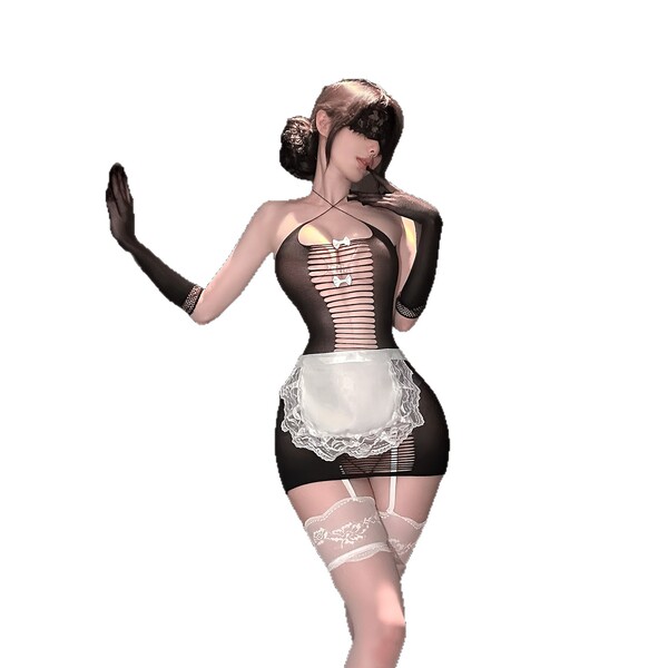 Sexy tear-away maid costume set - sheer mesh lingerie outfit with rear cut-out & peekaboo chest design