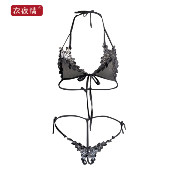 Black lace thong bikini set with spiderweb details, seductive lingerie outfit for women, plus size friendly.