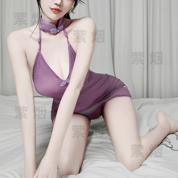Sexy vintage butterfly floral sheer cheongsam set - lace-up bodycon sleepwear outfit