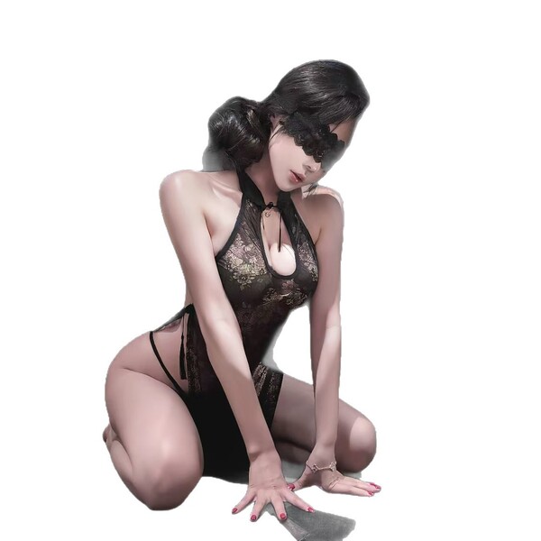 Sexy vintage cheongsam lingerie featuring high-slit lace sheer nightgown with retro floral embroidery and alluring cutouts.