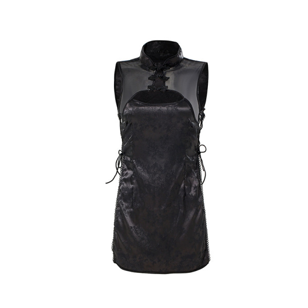 Black vintage qipao lingerie dress with side-tie straps and high collar, retro chinese-inspired design for role play.