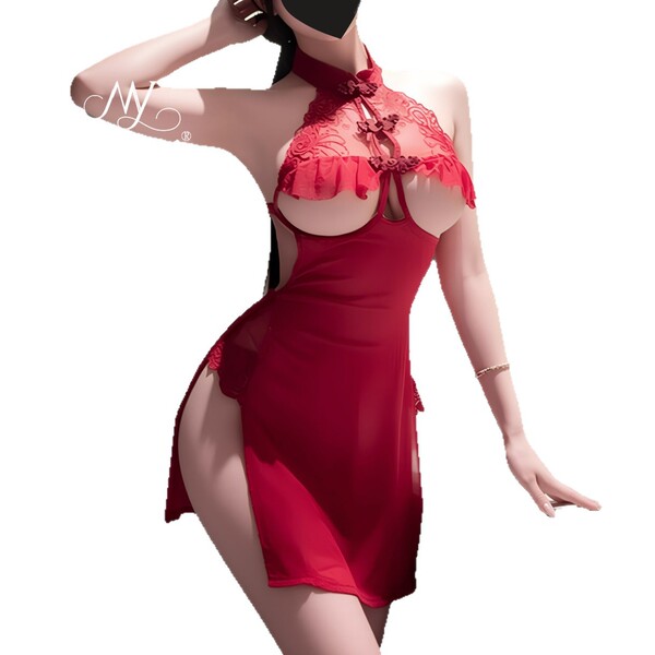Sexy vintage sheer cheongsam lingerie set for women – retro lace backless costume outfit with ties
