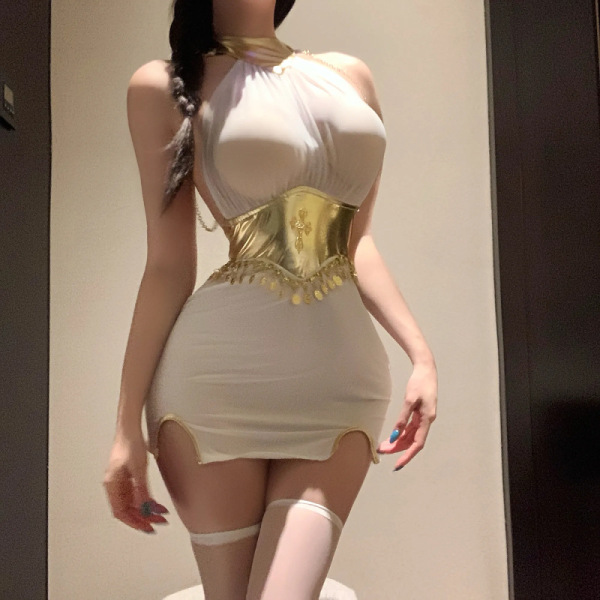 Woman wearing a sexy western-style lace bodysuit and bodycon mini skirt set with sheer mesh details.