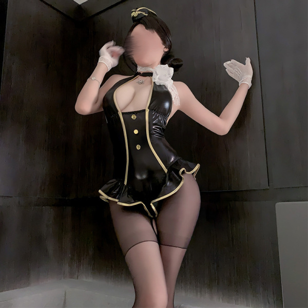 Sexy black pvc lace bodysuit with gold trim, white gloves, and sheer stockings - airline stewardess ol costume for role play.