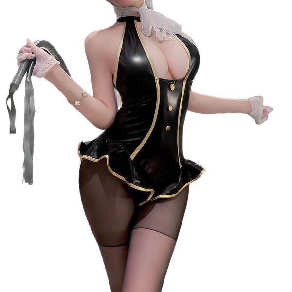 Sexy black pvc lace bodysuit with gold trim, sheer stockings, and white gloves. airline stewardess ol costume for role play &...