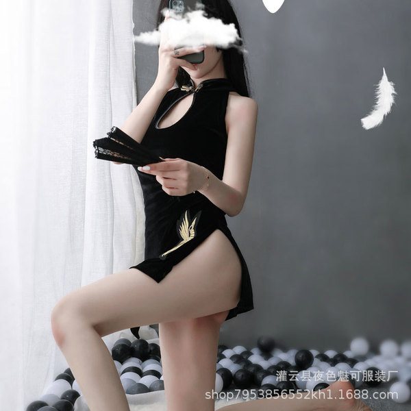Elegant black high-slit sleepwear with feather accents, perfect for adults seeking flirty nightwear.