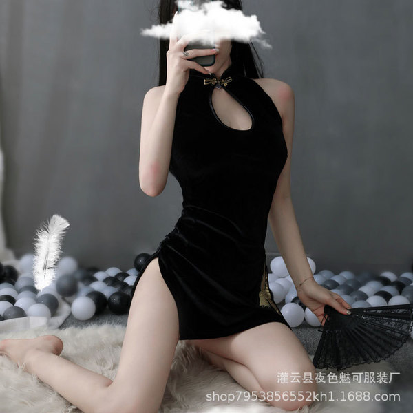 Elegant black high-slit qipao dress with feather fan, perfect nightwear for adults.