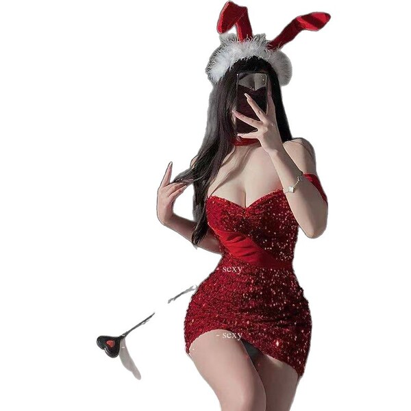 Sexy new year christmas costume lingerie velvet nightgown role play outfit set featuring sequined dress, bunny ears, and play...