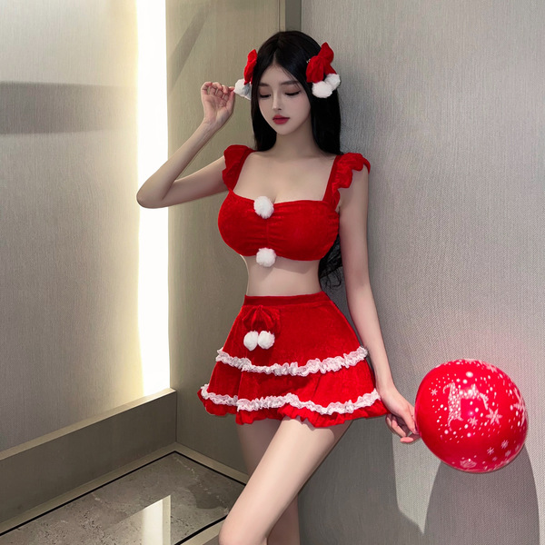 Sexy new year lingerie set - christmas-themed red outfit with festive pom-poms, perfect for holiday celebrations.