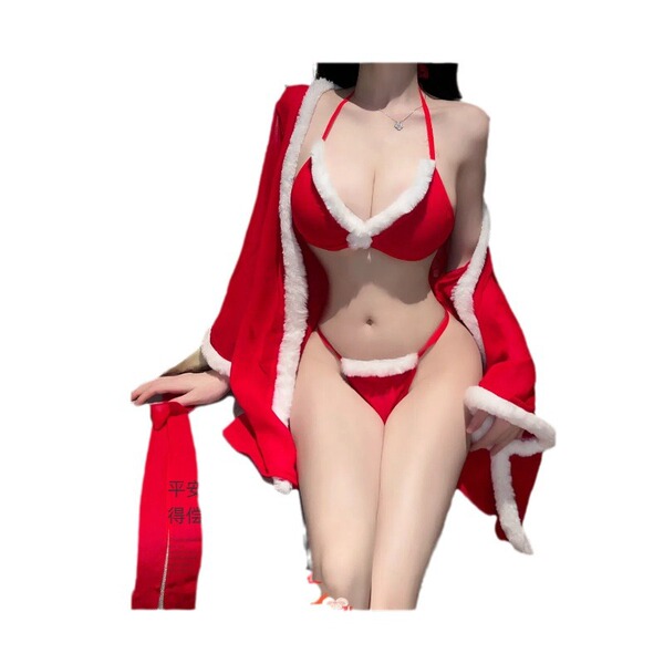 Sexy new year themed lingerie set - three-piece holiday costume with open-crotch design for playful outfit inspiration