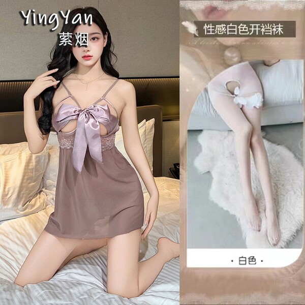 Lace Sensual Sleepwear Set - Sexy Underwire Push-Up Lounge Set for Small Bust Women - 0803 [Breast Support] Light Purple Butterfly Nightgown + Panties + White Open Crotch Stockings