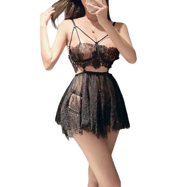 New sheer floral fairy sleepwear set featuring a romantic lace cami and skirt ensemble, perfect for women seeking elegant and...