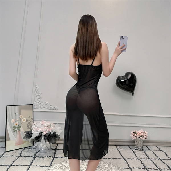 Sexy sheer lace cami dress with side slit, romantic mesh nightgown for women, perfect for romantic evenings.