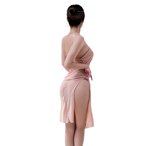 Sexy sheer lace cami dress with side slit, romantic mesh nightgown for women, elegant and transparent design.