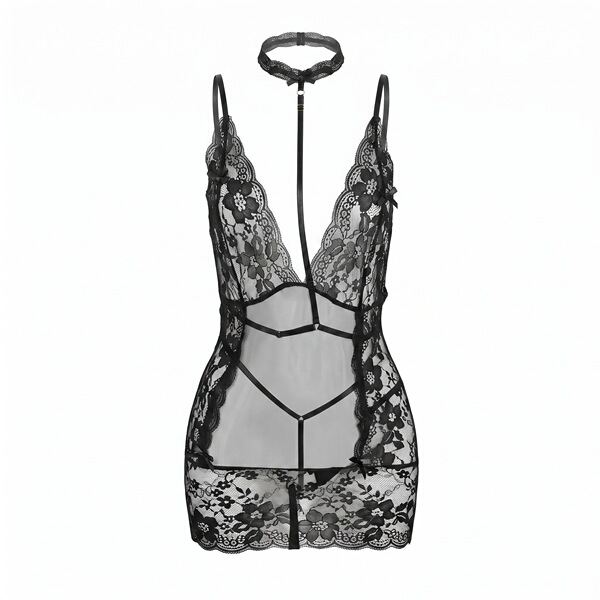 Sheer lace cami nightgown featuring deep v neckline, adjustable straps, and romantic mesh detail for a sexy and elegant look.