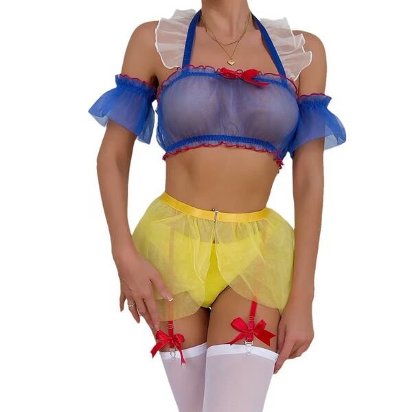 Sheer lace maid costume featuring a blue sheer top with ruffled sleeves, yellow tutu skirt, and white stockings with red bows...