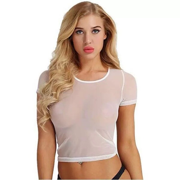 Sheer mesh crop top with short sleeves, tight fit, and white trim. sexy office-chic blouse for women, perfect as seductive lo...