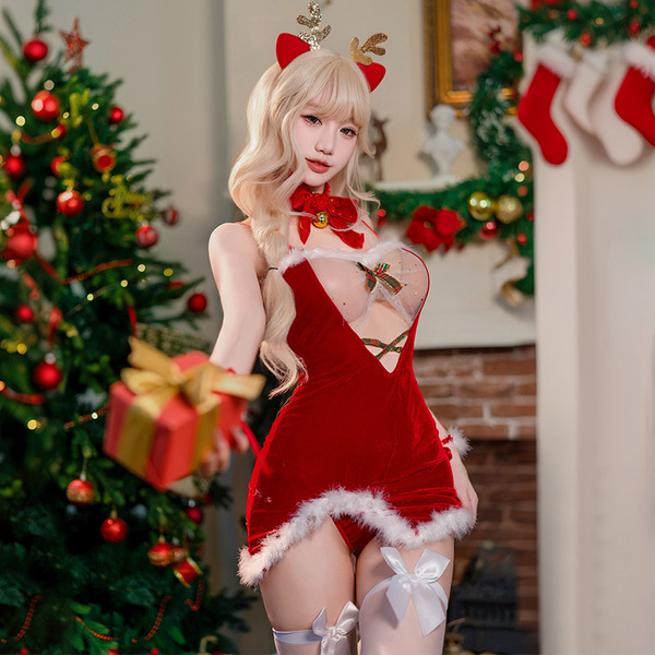 Sexy christmas costume featuring a red reindeer-themed lingerie set with festive decorations and stockings, perfect for holid...