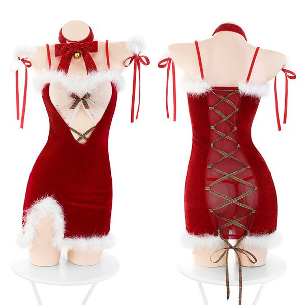 Sexy christmas costume featuring a red reindeer-themed lingerie set with lace-up back and fluffy white accents. perfect for f...