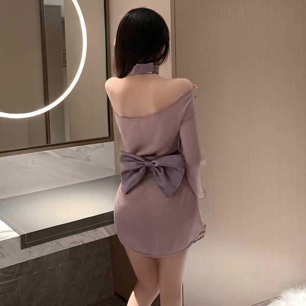 Elegant kimono-style sleep dress with wide sleeves, featuring a seductive bow detail for womens pure and tempting look.