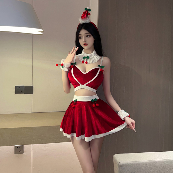 Sexy christmas-themed lingerie set featuring red and white colors with cherries, perfect for festive role play outfits.