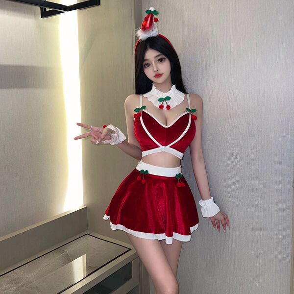 Sexy red cherry-themed christmas outfit with gold velvet design, perfect for festive role play.