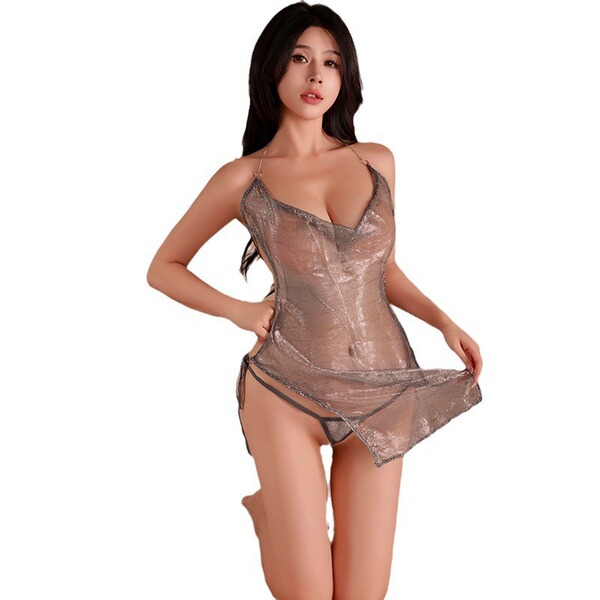 Shimmering sheer cheongsam lingerie set with deep v-neck and tie-back design, perfect for nightclub allure.