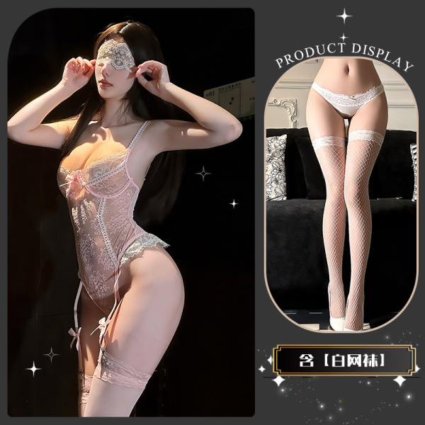 Luxury Lace Sensual Bodysuit - Elegant Sheer Peek-a-Boo Bust Erotic Lingerie for Women - Little Momiji Swaying~ + White Fishnet Stockings
