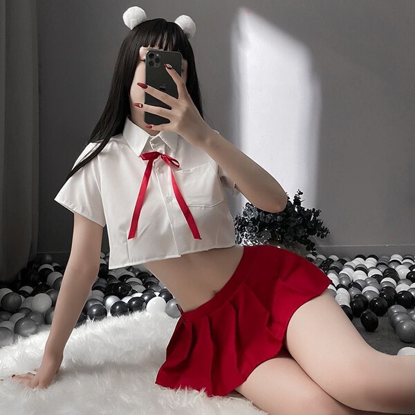 Sexy Student Role Play Outfit - Split-Style Pleated Skirt & Top Set for Small Bust, Flirty Lingerie Costume - Top + Red Skirt + Ribbon