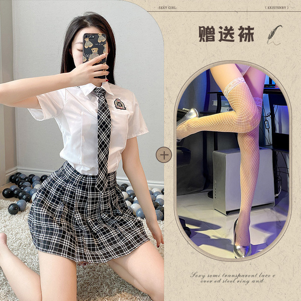 Japanese School Uniform Lingerie Set - Kawaii Pure & Tempting JK Skirt Outfit for Role Play - Top + skirt + tie + white fishnet stockings