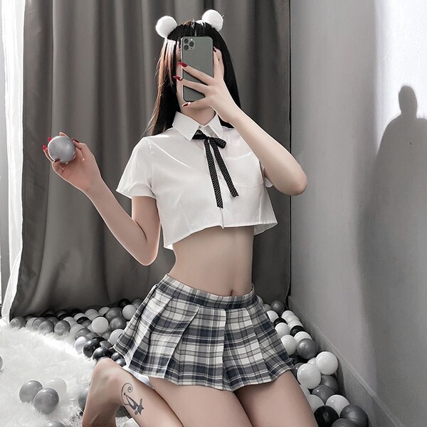 Sexy Student Role Play Outfit - Split-Style Pleated Skirt & Top Set for Small Bust, Flirty Lingerie Costume - Top + gray plaid skirt + ribbon