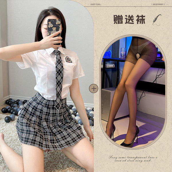 Japanese School Uniform Lingerie Set - Kawaii Pure & Tempting JK Skirt Outfit for Role Play - Top + skirt + tie + black open-crotch socks