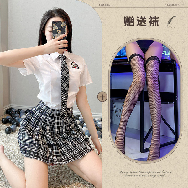 Japanese School Uniform Lingerie Set - Kawaii Pure & Tempting JK Skirt Outfit for Role Play - Top + skirt + tie + black fishnet stockings