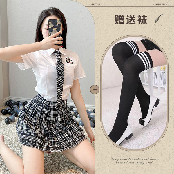 Japanese School Uniform Lingerie Set - Kawaii Pure & Tempting JK Skirt Outfit for Role Play - Top + skirt + tie + black school socks