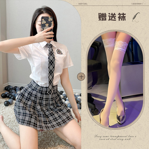 Japanese School Uniform Lingerie Set - Kawaii Pure & Tempting JK Skirt Outfit for Role Play - Top + skirt + tie + white stockings