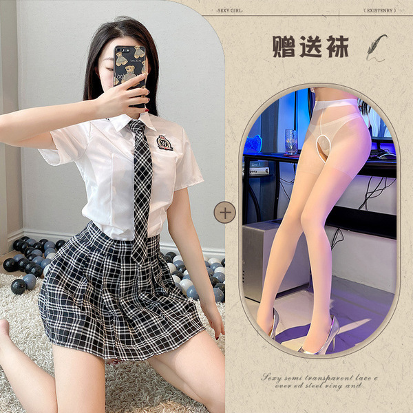 Japanese School Uniform Lingerie Set - Kawaii Pure & Tempting JK Skirt Outfit for Role Play - Top + skirt + tie + white open-crotch socks