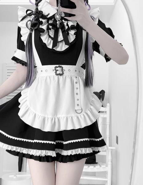 Japanese Style Lolita Dress - Sweet & Edgy Black White Maid Cosplay Costume, Aesthetic Subculture Outfit - Short-sleeved suit + black knee-high socks