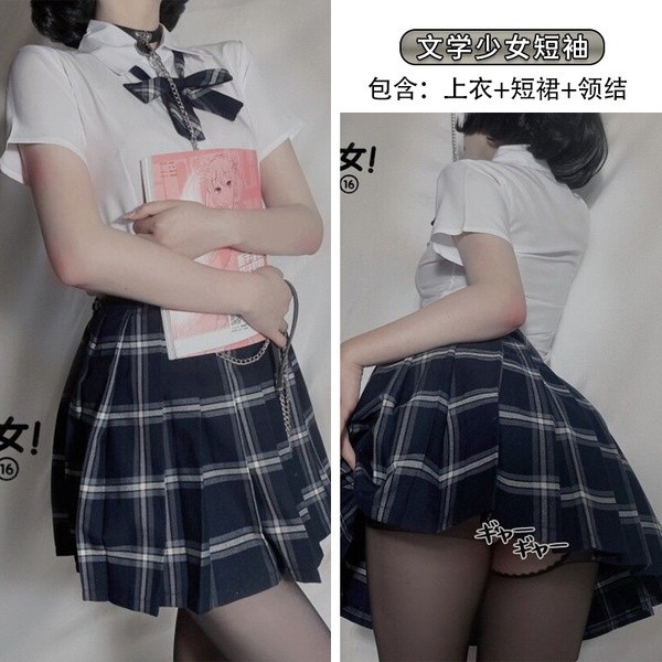 JK Sensual Lingerie Set for Women - Cute Schoolgirl Uniform Bra & Skirt Outfit, Plaid Student Costume - Short-sleeved suit + open-crotch socks
