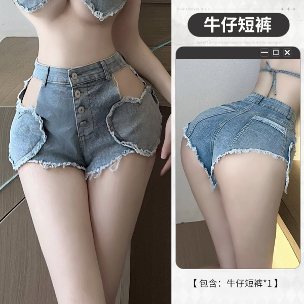 Sexy Lace-Trimmed Denim Short Set - Seductive No-Remove Bedroom Outfit for Women - shorts
