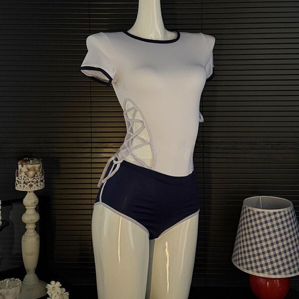Sexy Schoolgirl Lingerie Set - Pure & Tempting Uniform with Open-Crotch Design, Cute Deadstock Miko-Style Outfit - Top + Shorts