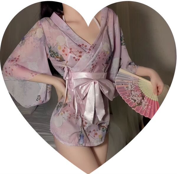 Japanese-Style Sexy Lace Kimono Robe Set - Sheer Chiffon Three-Piece Outfit with Floral Print & Hot Uniform Design - Light pink suit + white fishnet stockings
