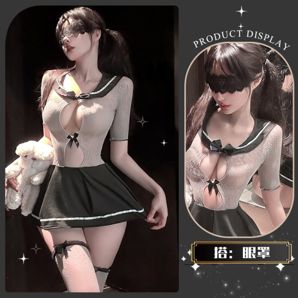QingShe JK Sailor Outfit Lingerie - Seductive Mesh Bodysuit with Cute Nautical Charm, No-Remove Design - Mosui Shore Mist ~ [Sailor JK + Matching Socks + Eye Mask]