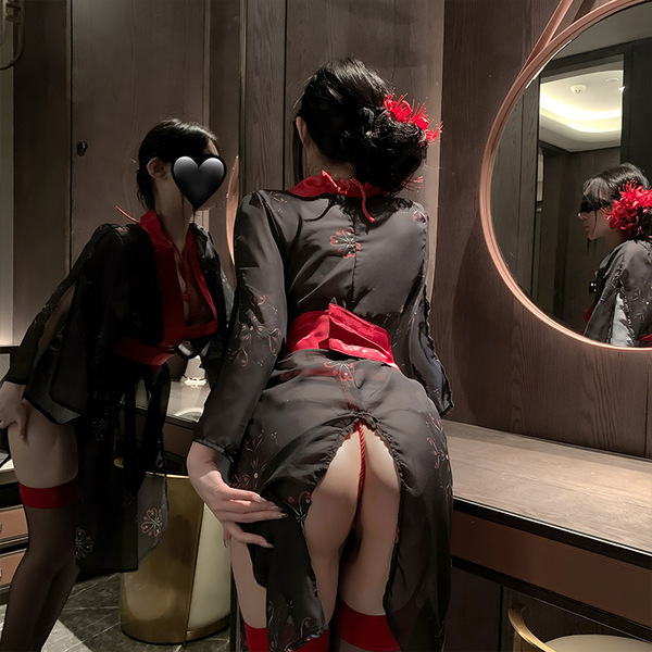 Sexy black shuyao japanese-style lingerie set with red accents, featuring a no-remove design perfect for roleplay and intimat...