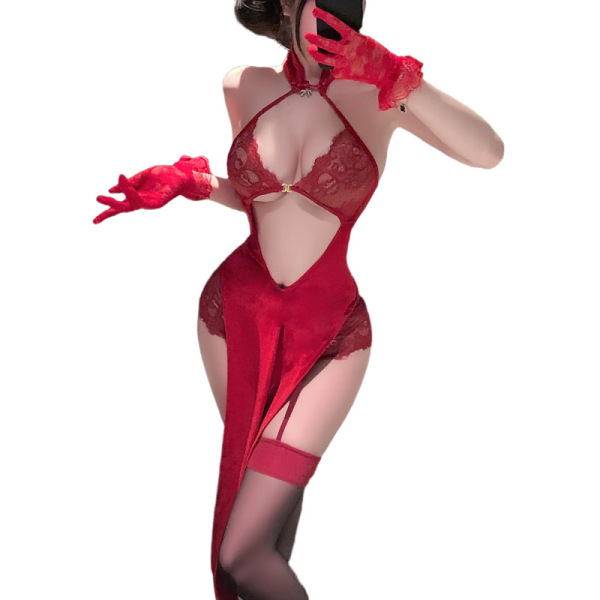 Woman in red lace lingerie set with gloves, featuring a seductive silk-look design and elegant flagpole cutout detail.