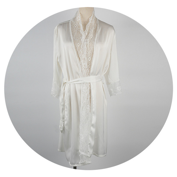 Silk-look lace robe for women – elegant white bathrobe with delicate lace detailing, perfect for sleepwear and bathrobe style...