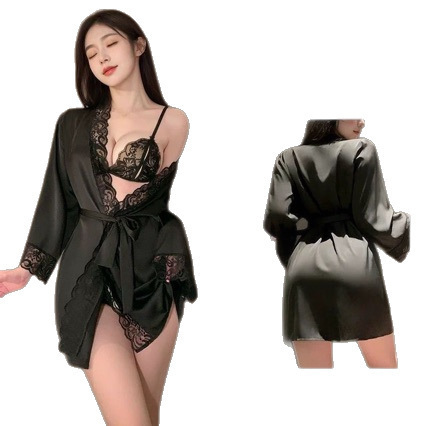 Sexy elegant black silk-look lace robe with delicate lace detailing, perfect for women seeking stylish sleepwear or bathrobe ...